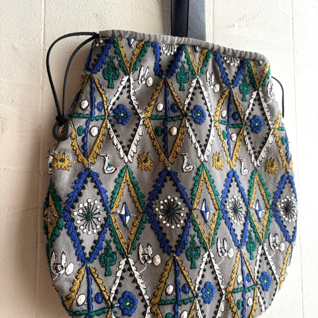 【古着】ミナペルホネン / mina perhonen pear bag フォレストダイヤモンド柄 きんちゃく型