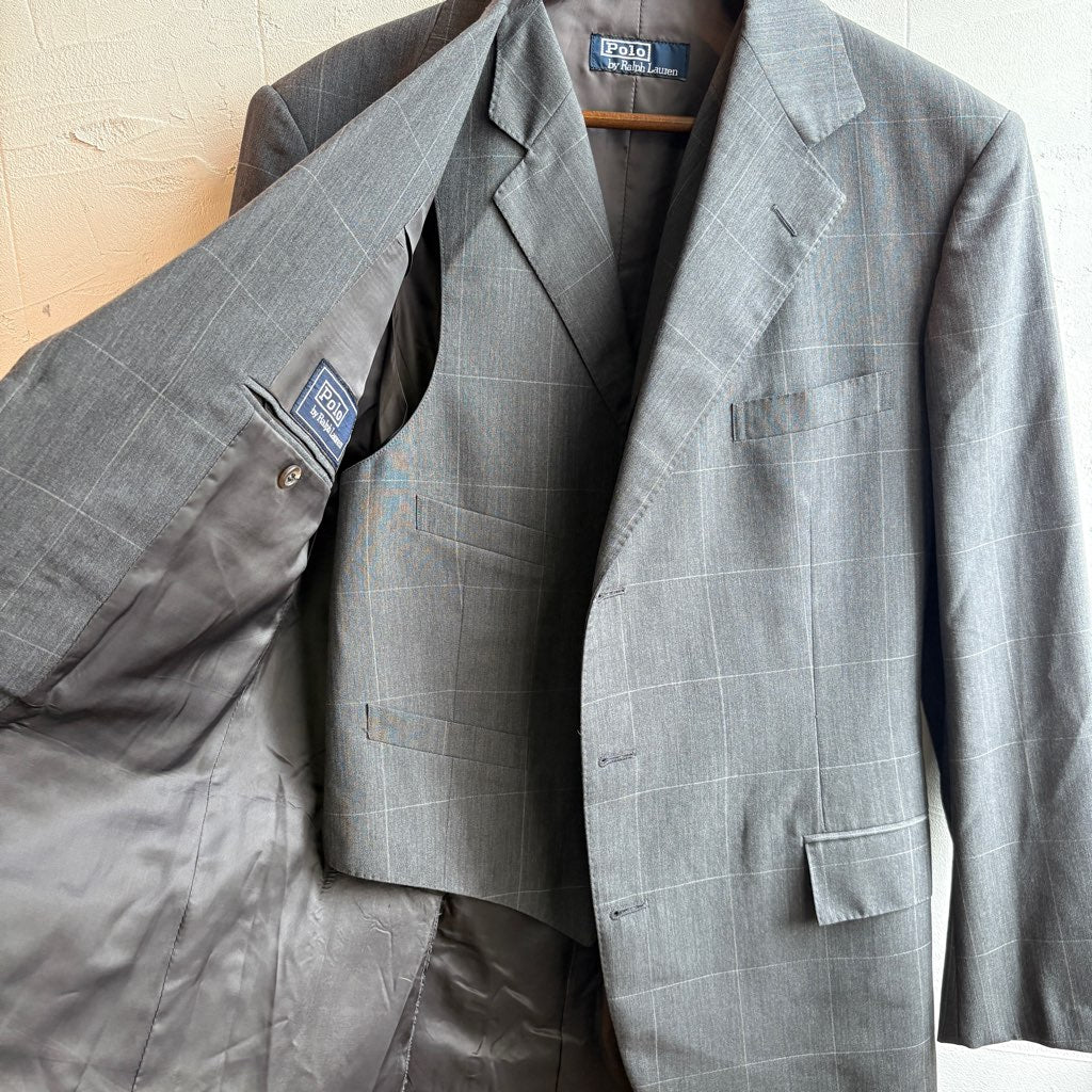 美品 ポロラルフローレン ストライプ シングル2B ビジネススーツ グレー 古着】ポロ ラルフローレン / POLO RALPH LAUREN スーツ 3点