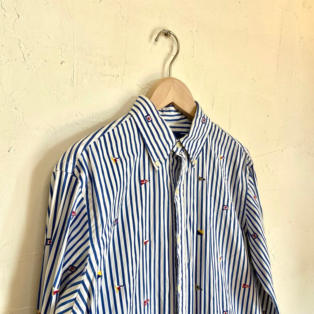 美品 RALPH LAUREN 国旗柄 総柄 ストライプシャツ 現行タグ L 古着】 ラルフローレン / RALPH LAUREN 万国旗 ストライプシャツ 春秋