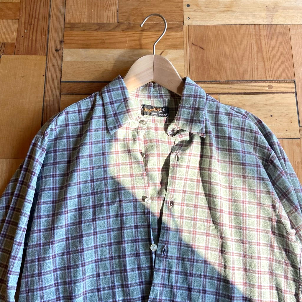 【古着】チェックグランパシャツ グリーン ロング丈