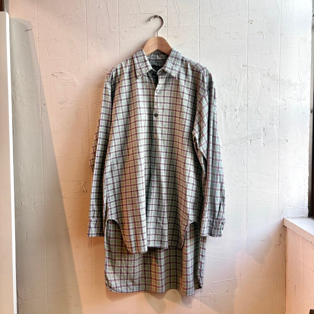 【古着】チェックグランパシャツ グリーン ロング丈