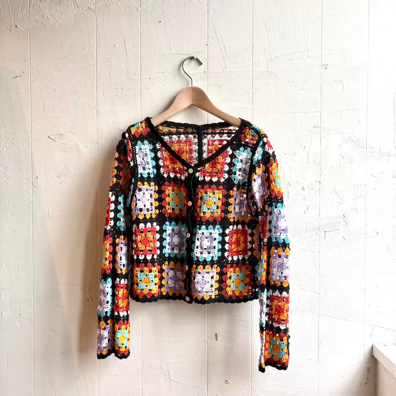 古着 ニットカーディガン牧歌的な風景柄 刺繍 古着】グラニーニット カーディガン スクエアモチーフ 長袖 中古