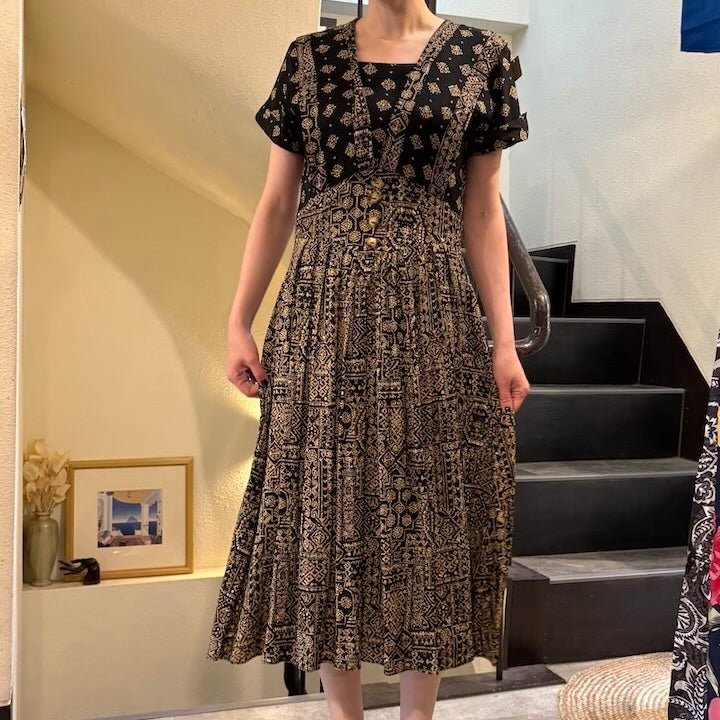 【古着】ゴールドオリエンタル ロングドレス ワンピース