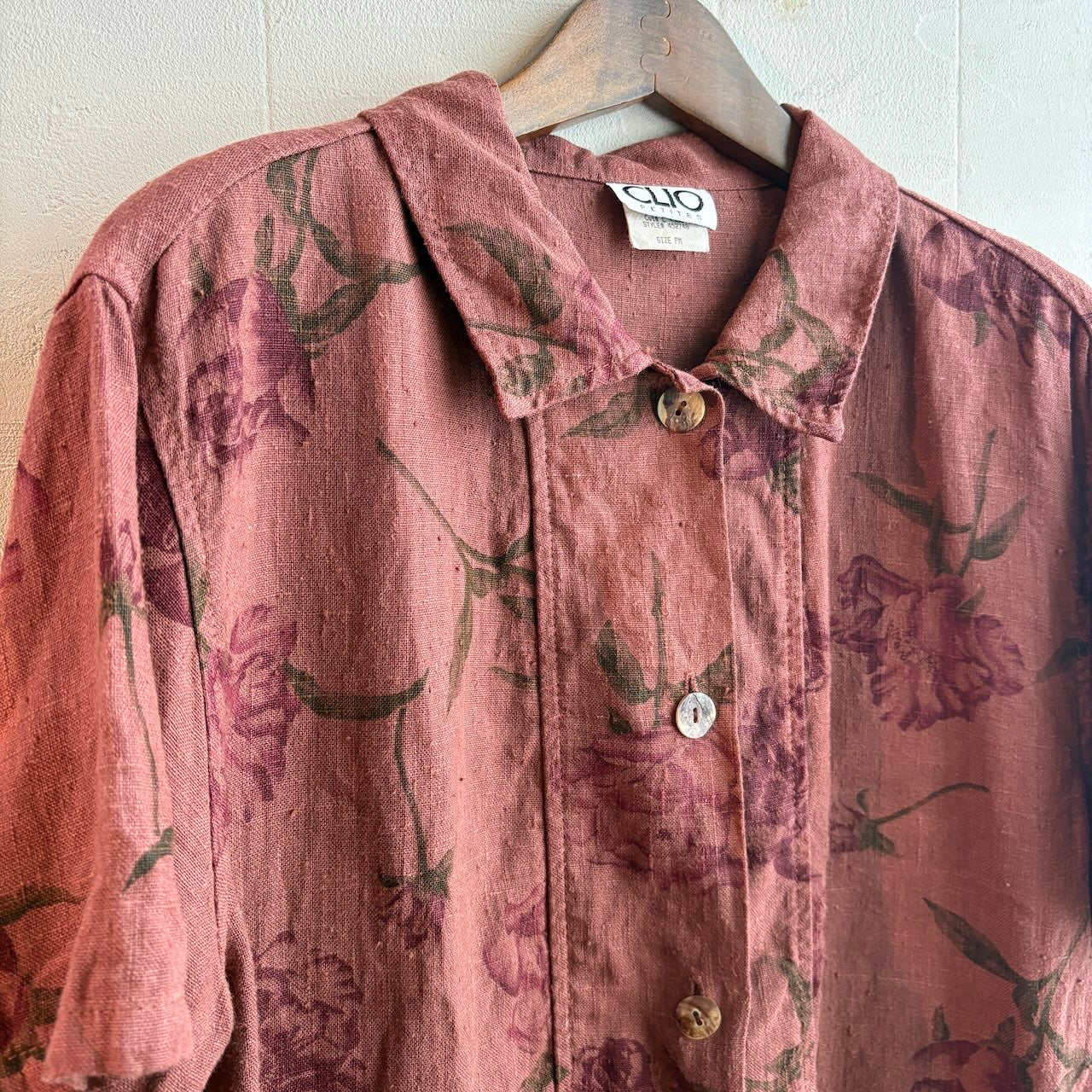 【古着】80s ヴィンテージ リネン バラ柄 半袖シャツ
