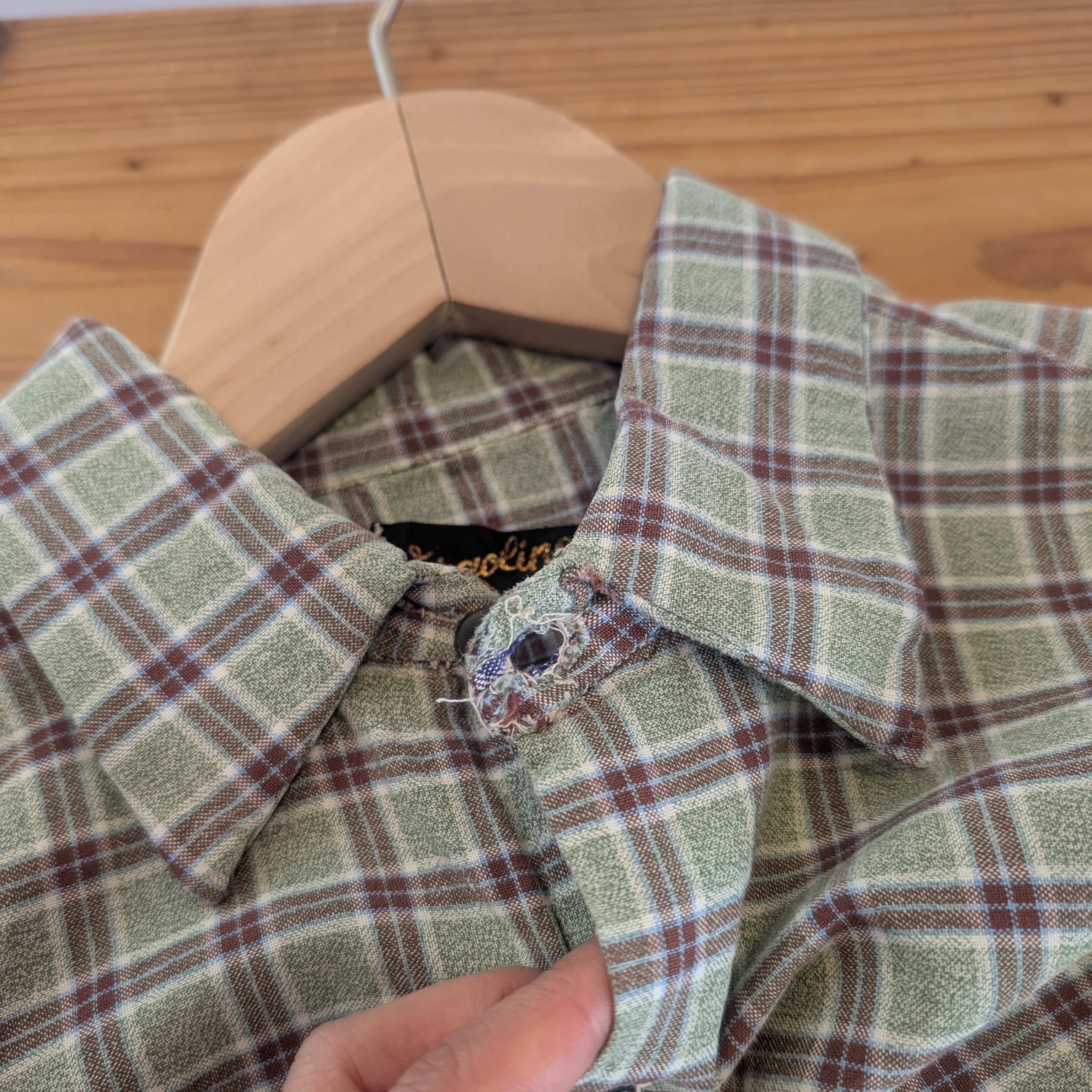 【古着】チェックグランパシャツ グリーン ロング丈