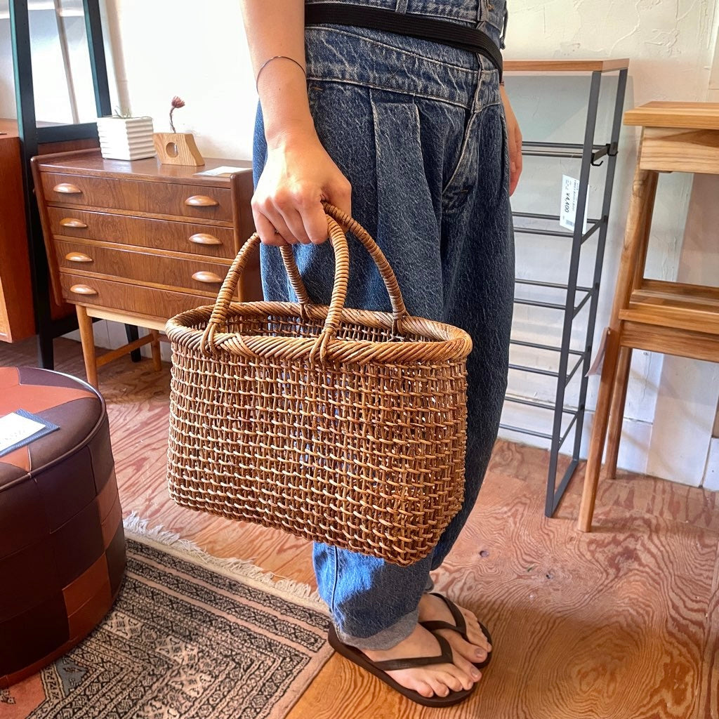 宮本工芸 細目小出し編みかご 9寸かご 中古 青森 山ぶどう皮 手提げ  