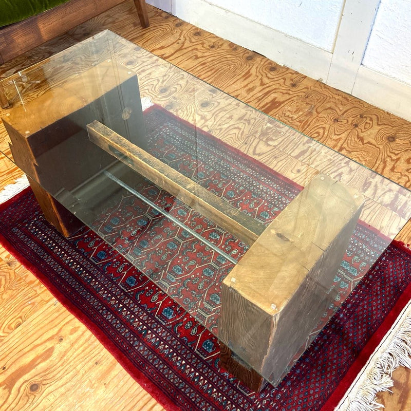 古材脚のガラステーブル リメイク リバイブモブラープロジェクト