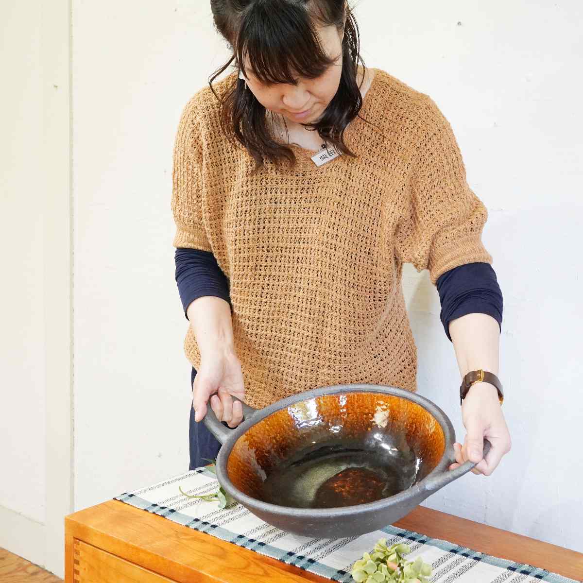 岩井窯 両手付 平土鍋 大 山本 教行 未使用品