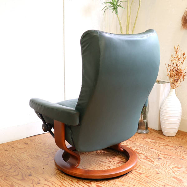 エコーネス / EKORNES ストレスレスチェア Wing Lサイズ オットマン付 本革張り グリーン 中古