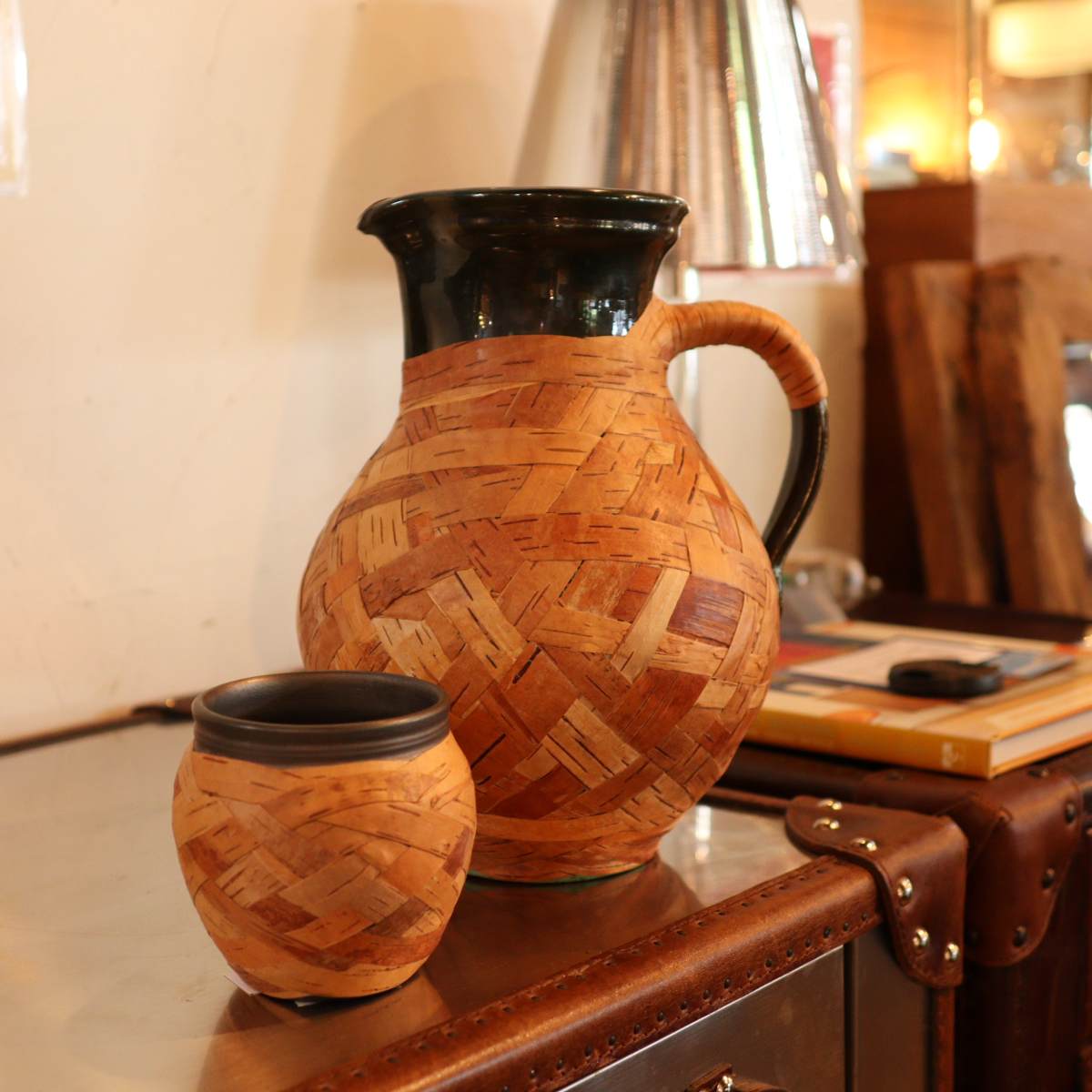 ポット 小物入れ フラワーベース 白樺樹皮 陶器 リトアニア 中古　